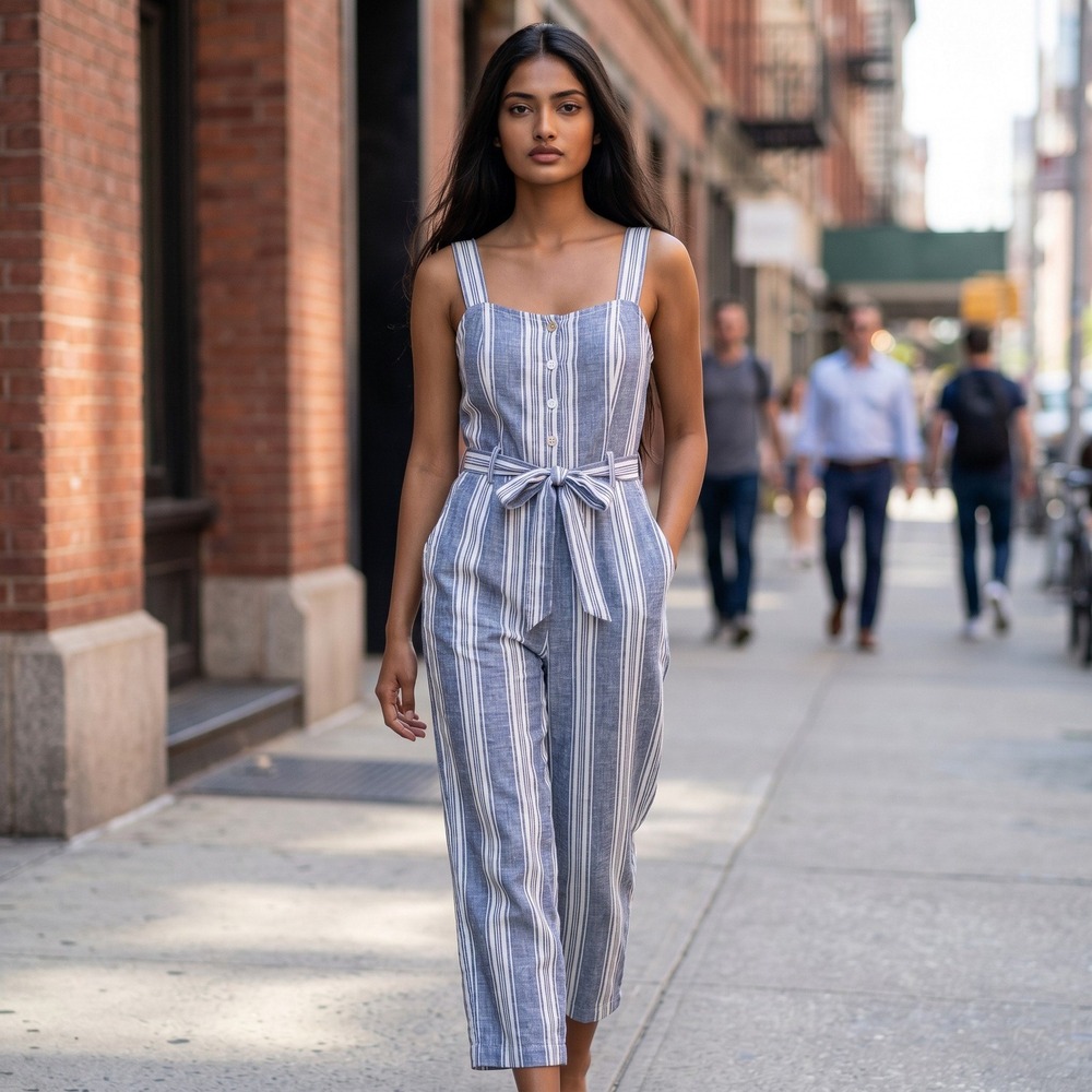 Rails Kyra Seaport Stripe Linen Jumpsuit Small Blue White Wide Leg Crop Nautical